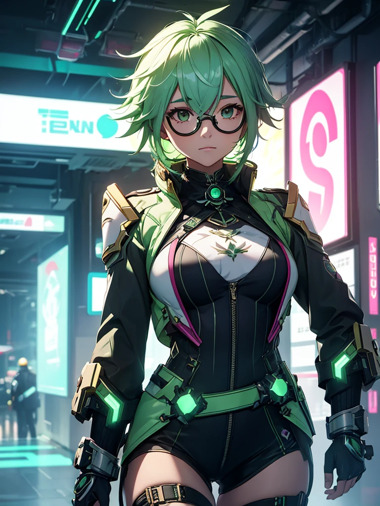 saccharose de l&#39;impact de genshin, 1fille, porter une tenue futuriste, tenue cyberpunk, dans une ville future, look cyberpunk, cheveux de couleur vert clair, lunettes rondes, 8k, très détaillé, haute qualité
