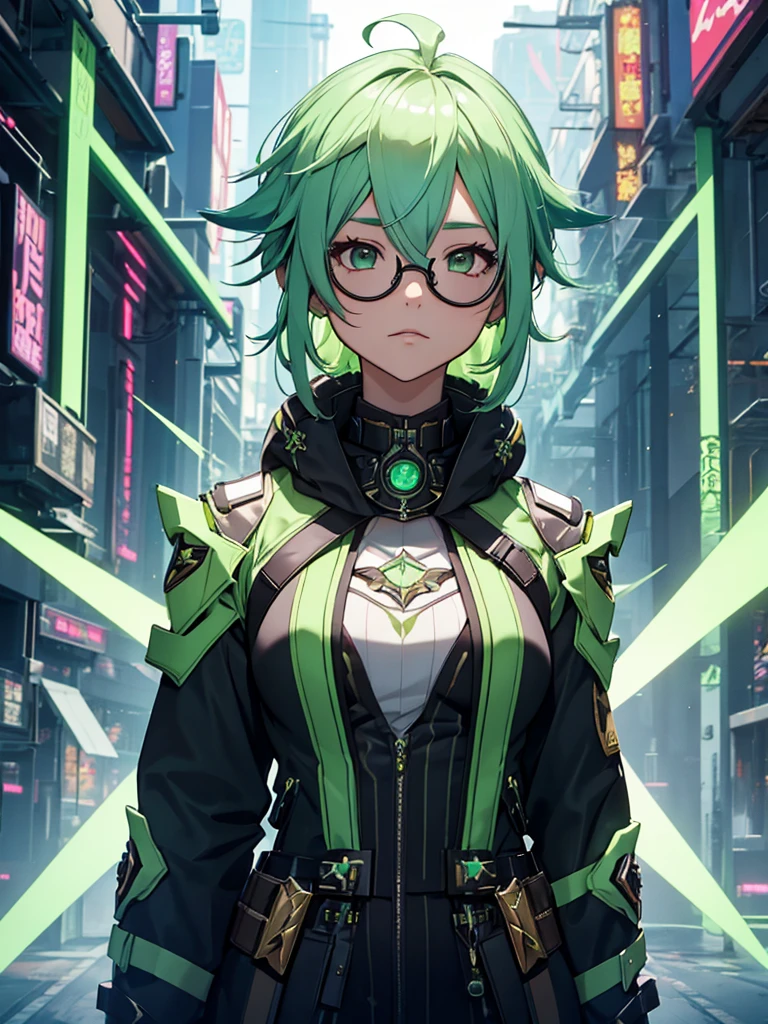 saccharose de l&#39;impact de genshin, 1fille, porter une tenue futuriste, tenue cyberpunk, dans une ville future, look cyberpunk, cheveux de couleur vert clair, lunettes rondes, 8k, très détaillé, haute qualité

