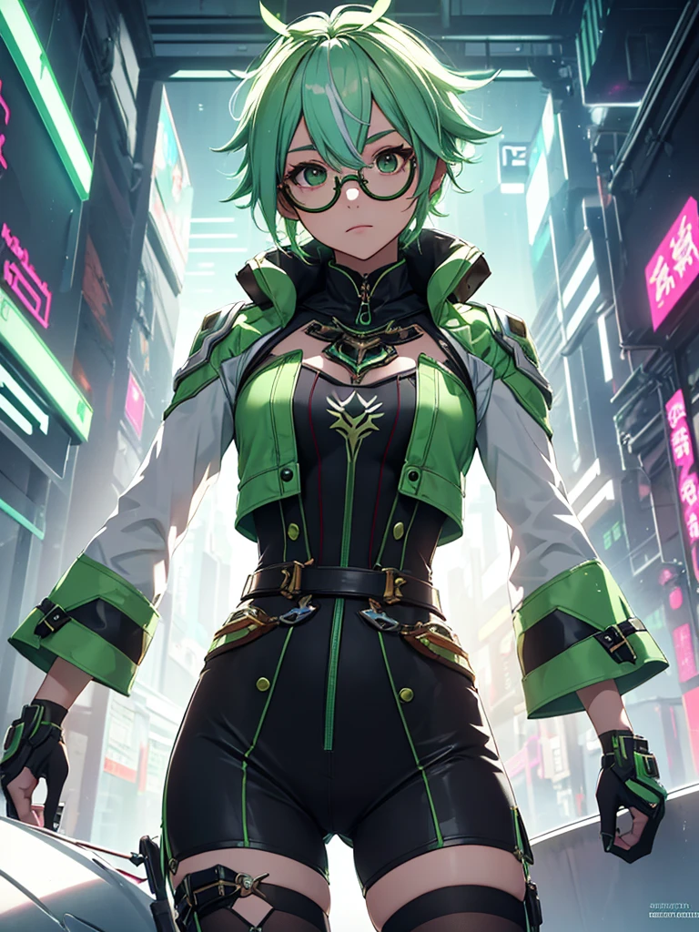 Saccharose aus Genshin Impact, 1 Mädchen, trägt ein futuristisches Outfit, cyberpunk outfit, in einer Stadt der Zukunft, cyberpunk look, hellgrüne Haarfarbe, runde Brille, 8k, Hochdetailliert, gute Qualität
