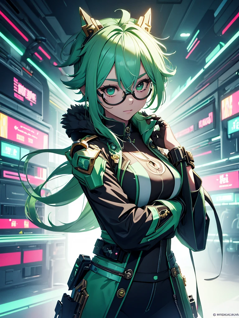 Sucrose from Genshin impact, 1girl, wearing a futuristic outfit, cyberpunk outfit, at a future city, cyberpunk look, light green colour hair, round spectacles, 8k, high detailed, high quality
