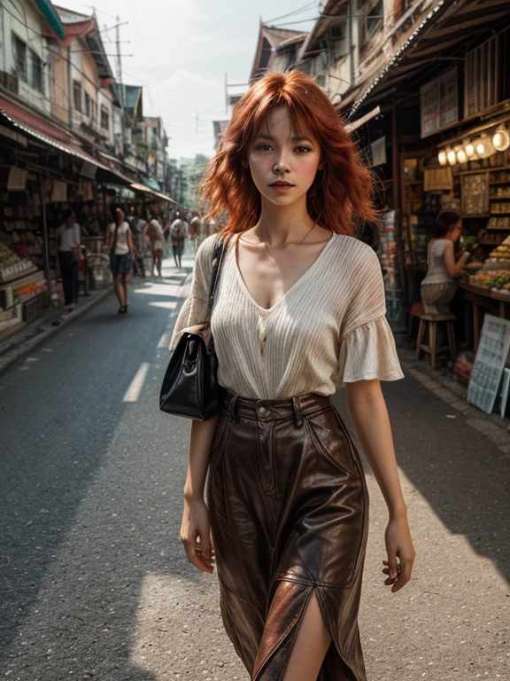 Photorealistic photo of young red-haired woman, wandering through the old market in Thailand, soft smile, art in the middle of the road, luminism, incredible complex shadow - light contrast, masterpiece, award winning IPA, Art Lens, Warm colors, art by Tim Burton