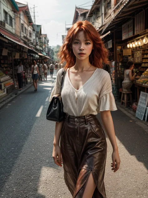 Photorealistic photo of young red-haired woman, wandering through the old market in Thailand, soft smile, art in the middle of t...