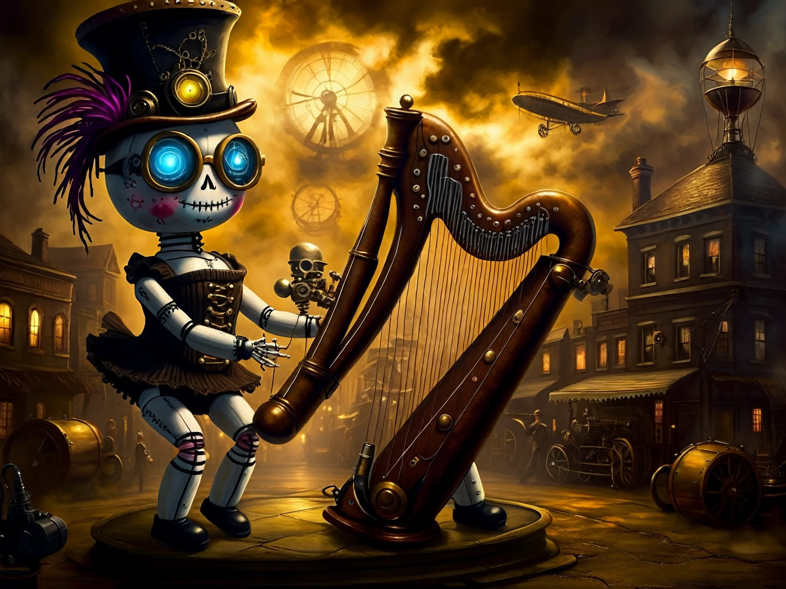 (voodoo doll playing knitted harp:1.2), (Voodoo Steampunk:1.3), (badass clothing: leather corset, aviator glasses, Gears and mechanical parts:1.0), (in the background steam engines, airships and Victorian buildings:1.2), best qualityer, work of art, detailed soft oil painting, detailed back ground, dramatic cinematic lighting, soft edge lighting, proffesional, dramatic lighting, hard edge lighting, ultra quality, 4K, work of art, best qualityer, 8K, ultra high definition, high resolution, extremely detaild, perfect details of the harp.