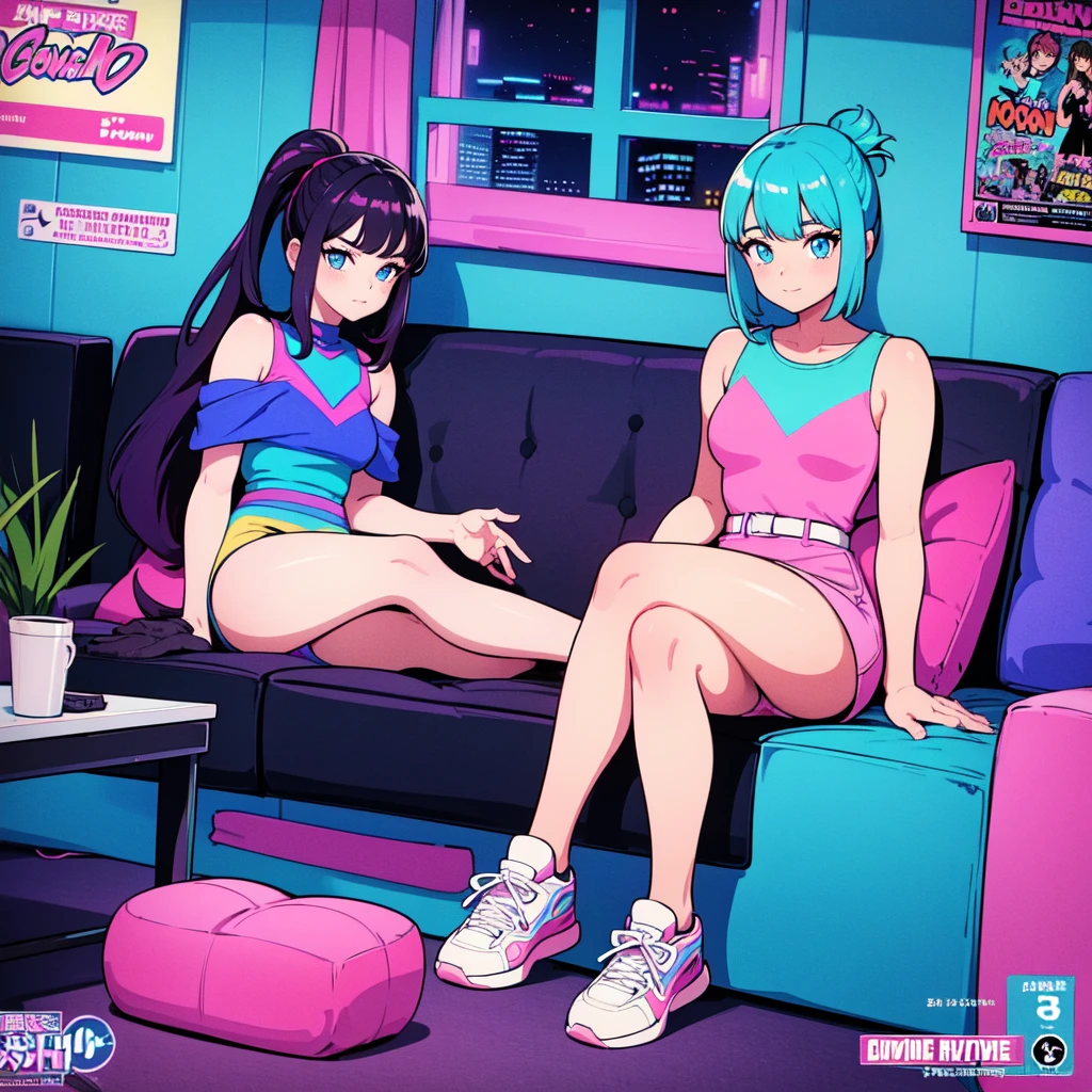 (masterpiece), Highest quality, Expressive eyes, Neon pastel aesthetics, Retro 90s, Neon color,((Girl sitting on sofa,In a cozy room,Records hanging on her wall, Comic books on the floor, Looking out the window behind her at the night city, Upholstered room, Anime figures lined up on a shelf)), Wearing headphones, (All around her it sparkles), (wearing thick colorful sneakers), (blue eyes), (Soft look), (Synthwave Art Style), Colorful Hair, Desk with PC set up