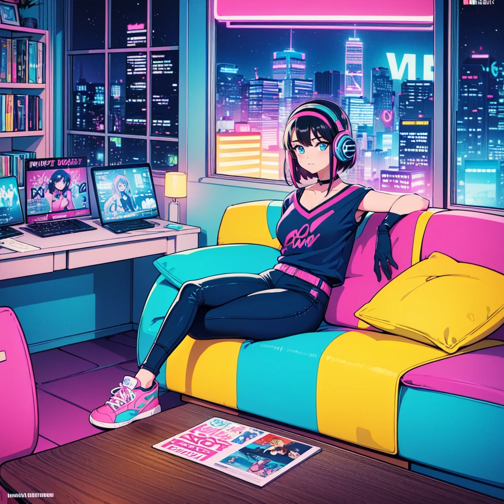 (masterpiece), Highest quality, Expressive eyes, Neon pastel aesthetics, Retro 90s, Neon color,((Girl sitting on sofa,In a cozy room,Records hanging on her wall, Comic books on the floor, Looking out the window behind her at the night city, Upholstered room, Anime figures lined up on a shelf)), Wearing headphones, (All around her it sparkles), (wearing thick colorful sneakers), (blue eyes), (Soft look), (Synthwave Art Style), Colorful Hair, Desk with PC set up