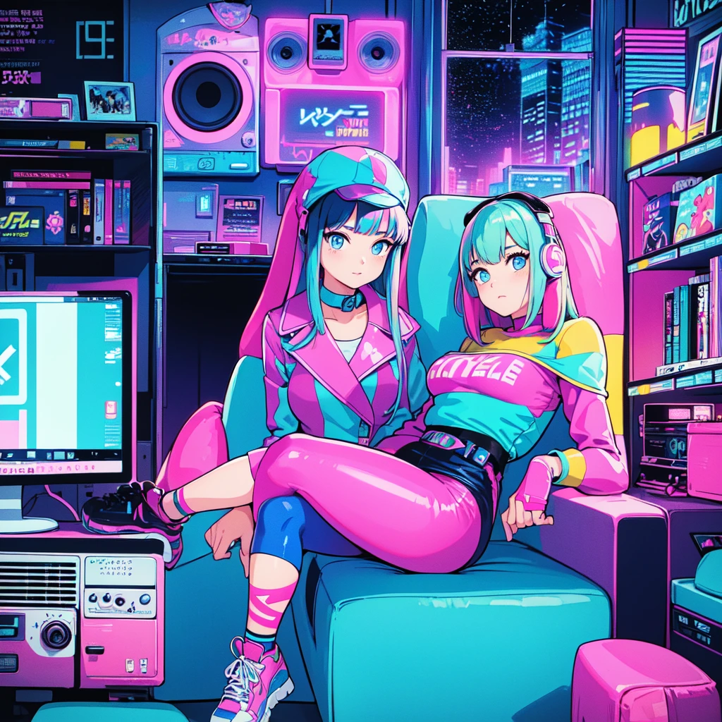 (masterpiece), Highest quality, Expressive eyes, Neon pastel aesthetics, Retro 90s, Neon color,((Girl sitting on sofa,In a cozy room,Records hanging on her wall, Comic books on the floor, Looking out the window behind her at the night city, Upholstered room, Anime figures lined up on a shelf)), Wearing headphones, (All around her it sparkles), (wearing thick colorful sneakers), (blue eyes), (Soft look), (Synthwave Art Style), Colorful Hair, Desk with PC set up