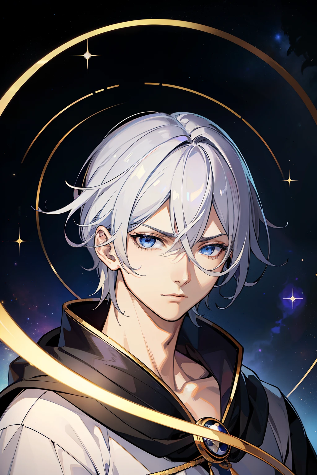 (high quality, Breathtakingly beautiful),(Expressive eyes, Perfect Face)1 Male、Silver Hair、Age 25、Adult、 Dark blue eyes, Serious expression, Black Robe, White shirt, Saturn, Saturn Roman God of Time, Time in the background, Space Background, Portraiture
