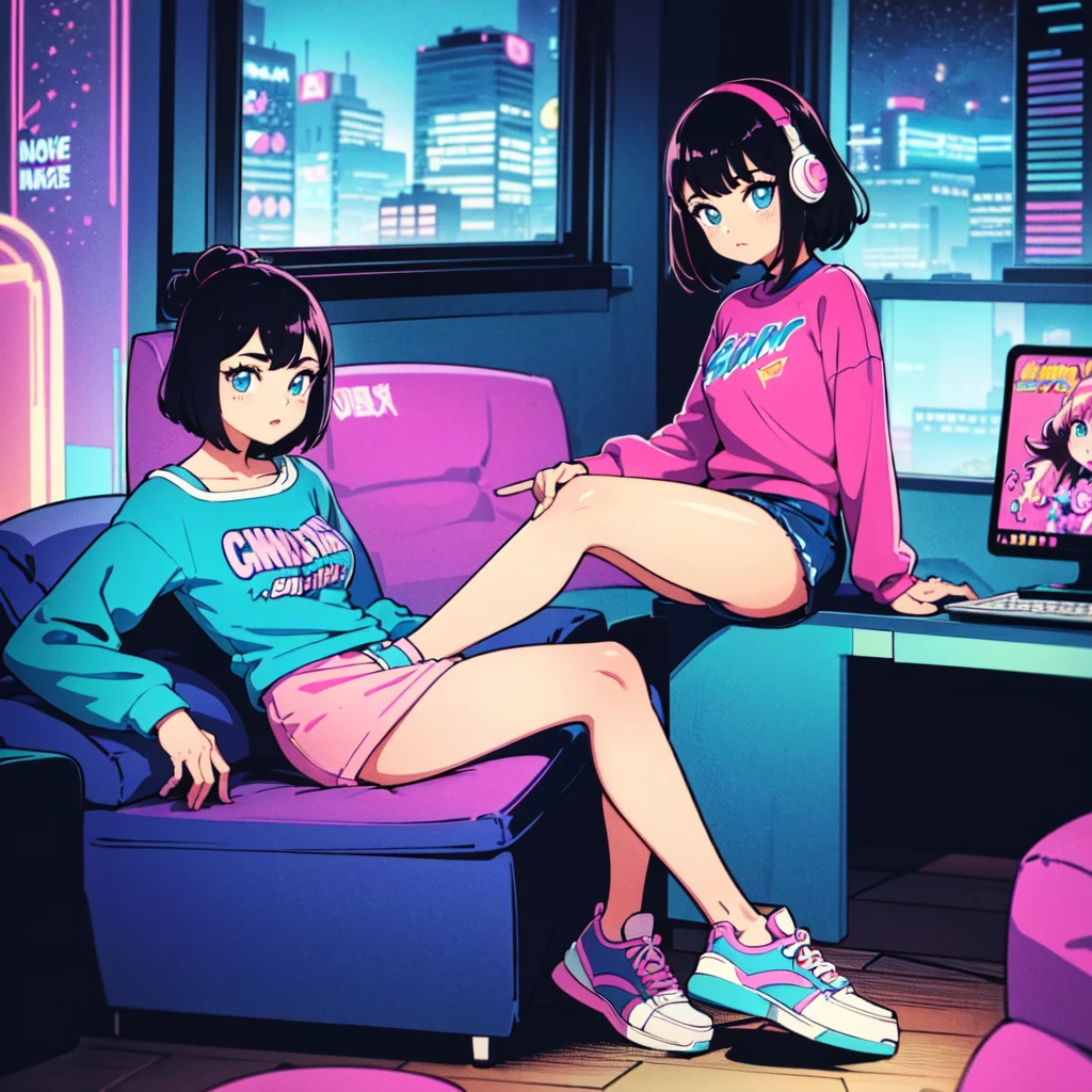 (masterpiece), Highest quality, Expressive eyes, Neon pastel aesthetics, Retro 90s, Neon color,((Girl sitting on sofa,In a cozy room,Records hanging on her wall, Comic books on the floor, Looking out the window behind her at the night city, Upholstered room, Anime figures lined up on a shelf)), Wearing headphones, (All around her it sparkles), (wearing thick colorful sneakers), (blue eyes), (Soft look), (Synthwave Art Style), Colorful Hair, Desk with PC set up