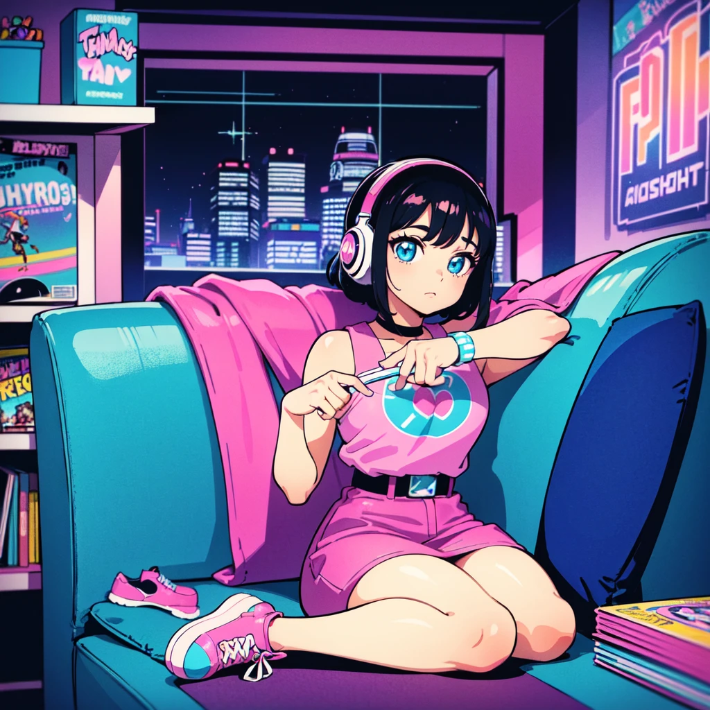 (masterpiece), Highest quality, Expressive eyes, Neon pastel aesthetics, Retro 90s, Neon color,((Girl sitting on sofa,In a cozy room,Records hanging on her wall, Comic books on the floor, Looking out the window behind her at the night city, Upholstered room, Anime figures lined up on a shelf)), Wearing headphones, (All around her it sparkles), (wearing thick colorful sneakers), (blue eyes), (Soft look), (Synthwave Art Style), Colorful Hair, Desk with PC set up