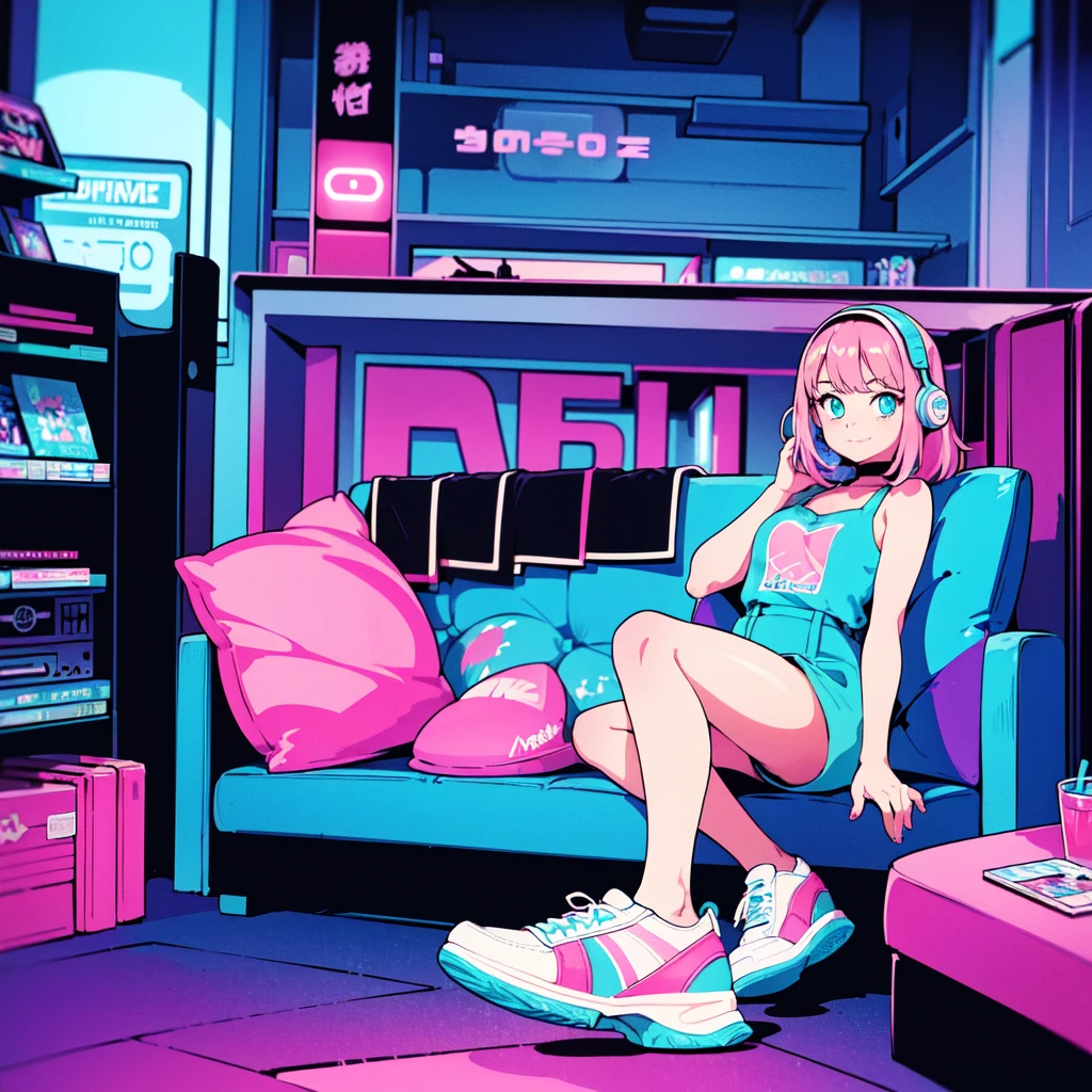 (masterpiece), Highest quality, Expressive eyes, Neon pastel aesthetics, Retro 90s, Neon color,((Girl sitting on sofa,In a cozy room,Records hanging on her wall, Comic books on the floor, Looking out the window behind her at the night city, Upholstered room, Anime figures lined up on a shelf)), Wearing headphones, (All around her it sparkles), (wearing thick colorful sneakers), (blue eyes), (Soft look), (Synthwave Art Style), Colorful Hair, Desk with PC set up