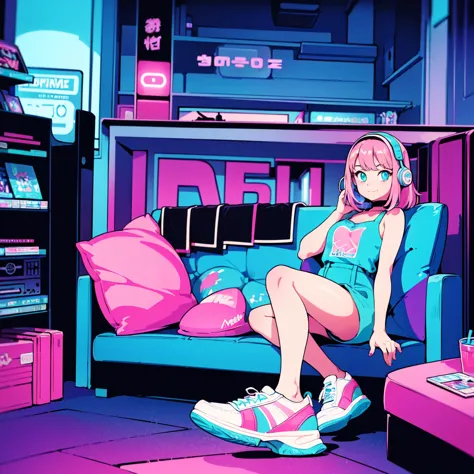 (masterpiece), Highest quality, Expressive eyes, Neon pastel aesthetics, Retro 90s, Neon color,((Girl sitting on sofa,In a cozy ...