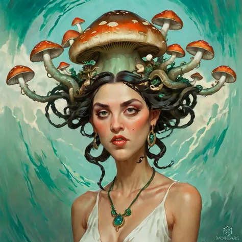 there is a painting of a woman with mushrooms on her head, lovecraft art, inspired by lovecraft, mohrbacher, lovecraft illustrat...