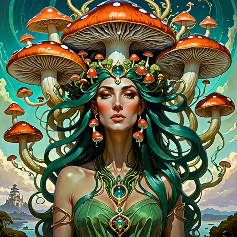 there is a painting of a woman with mushrooms on her head, a surrealist painting inspired by lovecraft, artstation contest winne...