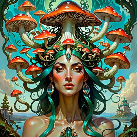 there is a painting of a woman with mushrooms on her head, a surrealist painting inspired by lovecraft, artstation contest winne...