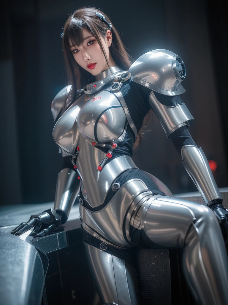 Super Detail, High Detail, high quality, best quality, High resolution，1 female robot，Beautiful female robot,beautiful clear face(Rain waves_haneame：1.5)， Mechanical body(Smooth metal surface，silver armor，Mechanical seams of skin，beautiful body curves)，Mechanical body structure,High-tech all over the body(Deva Battle Suit : 1.5)，Streamlined mechanical armor (Relatively thick，Highlight breast curves),Technology Antenna Hair Accessories
