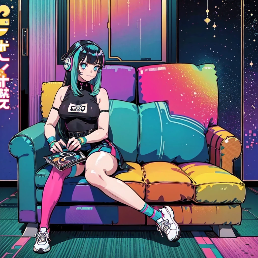 (masterpiece), Highest quality, Expressive eyes, Neon pastel aesthetics, Retro 90s, Neon color,((Girl sitting on sofa,In a cozy room,Records hanging on her wall, Comic books on the floor, Looking out the window behind her at the night city, Upholstered room, Anime figures lined up on a shelf)), Wearing headphones, (All around her it sparkles), (wearing thick colorful sneakers), (blue eyes), (Soft look), (Synthwave Art Style), Colorful Hair, Desk with PC set up