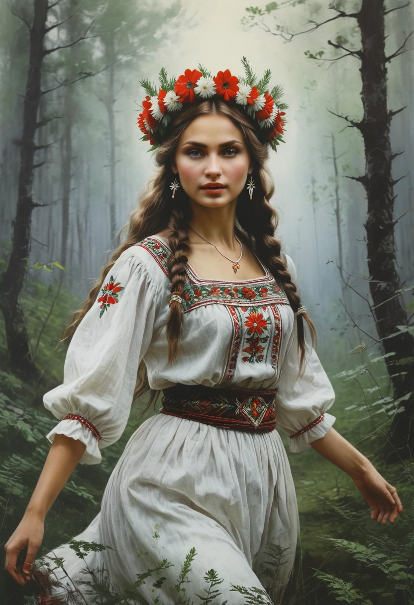 Vintage poster of a beautiful Slavic woman’s face in traditional slavic costume, flower crown, dancing in the forest, realistic style, concept art, Gabriele Dell'otto, Style AI Midjourney,