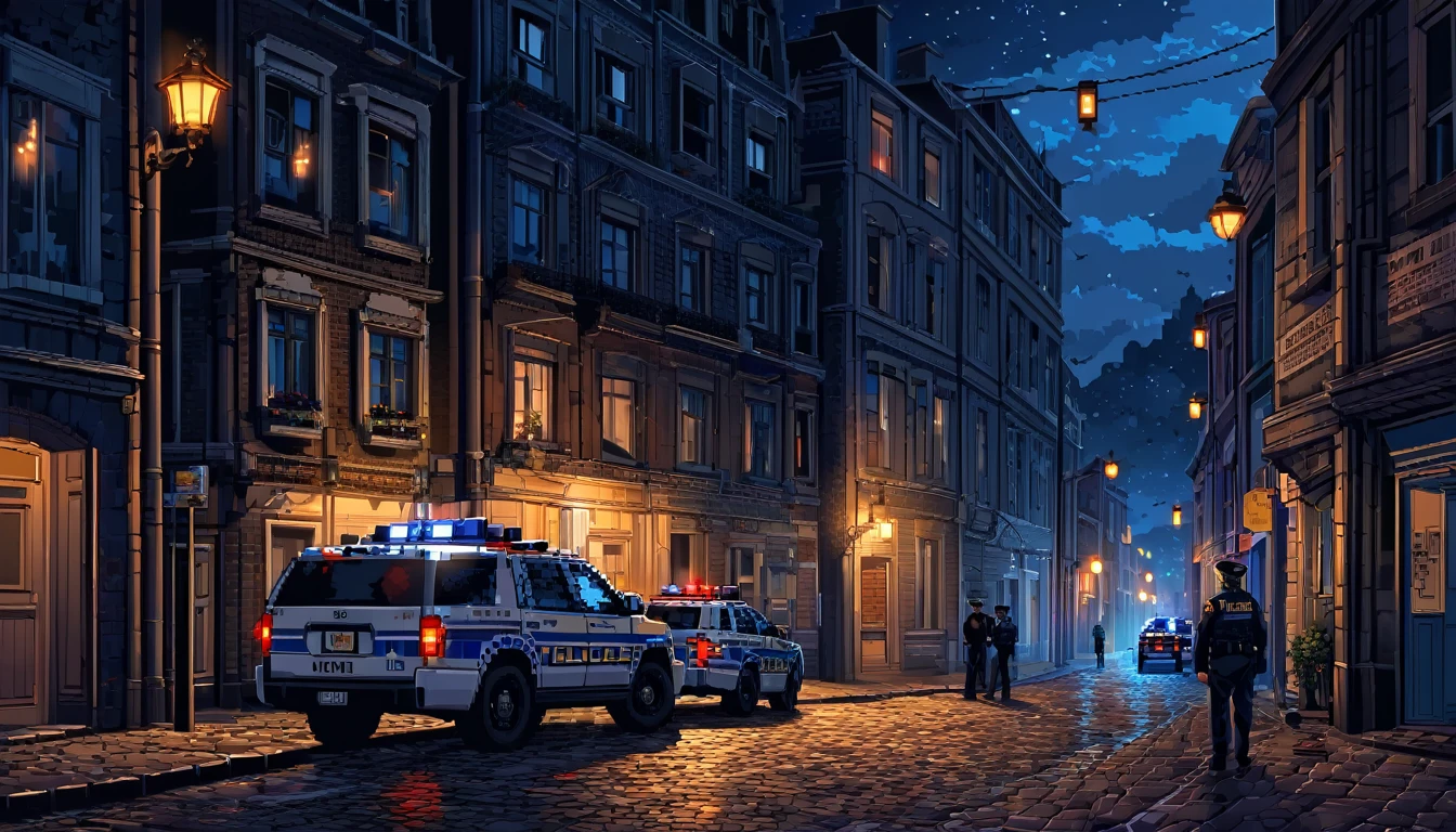 A man peered out of his window into the midnight darkness, observing police cars patrolling the streets below from the confines of his pitch-black bedroom. The faint glow of street lamps outlined the silent procession of law enforcement vehicles, their red and blue lights casting intermittent shadows on the quiet pavement. The cold night air seeped through the cracked window, carrying distant echoes of footsteps and the occasional murmur of radio chatter from the officers on duty. From his vantage point, the man watched with a mixture of curiosity and apprehension, feeling a palpable sense of security in the presence of the vigilant patrol amidst the otherwise stillness of the late hour, Landscape, Pixel Art, HDR, High Detailed, dark room.