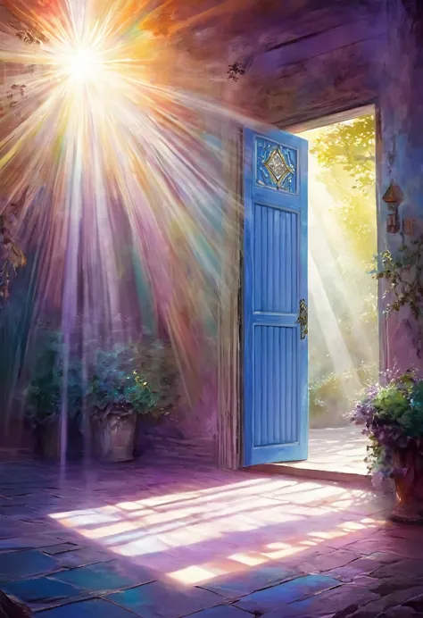 dreamy space，there is a dream door，light，rays of light，colorful，art style，pictorial，poster，朦胧的艺术poster