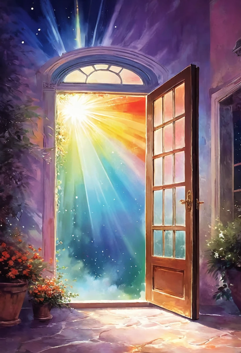 Dreamy space，There is a dream door，Light，Rays of Light，Colorful，Art style，pictorial，poster，朦胧的艺术poster