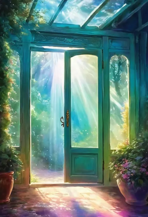 dreamy space，there is a dream door，light，rays of light，colorful，art style，pictorial，poster，朦胧的艺术poster