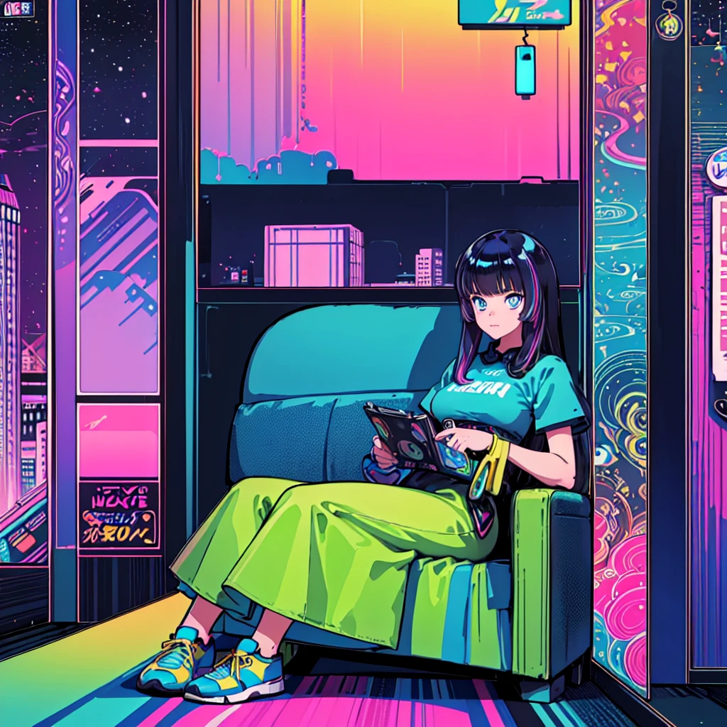 (masterpiece), Highest quality, Expressive eyes, Neon pastel aesthetics, Retro 90s, Neon color,((Girl sitting on sofa,In a cozy room,Records hanging on her wall, Comic books on the floor, Looking out the window behind her at the night city, Upholstered room, Anime figures lined up on a shelf)), Wearing headphones, (All around her it sparkles), (wearing thick colorful sneakers), (blue eyes), (Soft look), (Synthwave Art Style), Colorful Hair, Desk with PC set up