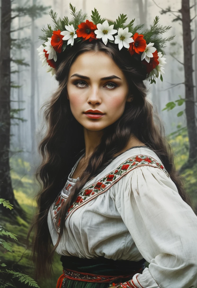 Vintage poster of a beautiful Slavic woman’s face in traditional slavic costume, flower crown, dancing in the forest, realistic style, concept art, Gabriele Dell'otto, Style AI Midjourney,