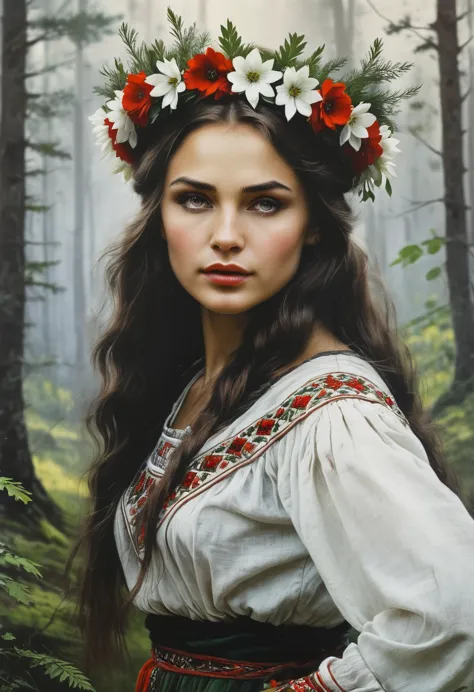 Vintage poster of a beautiful Slavic woman’s face in traditional slavic costume, flower crown, dancing in the forest, realistic ...