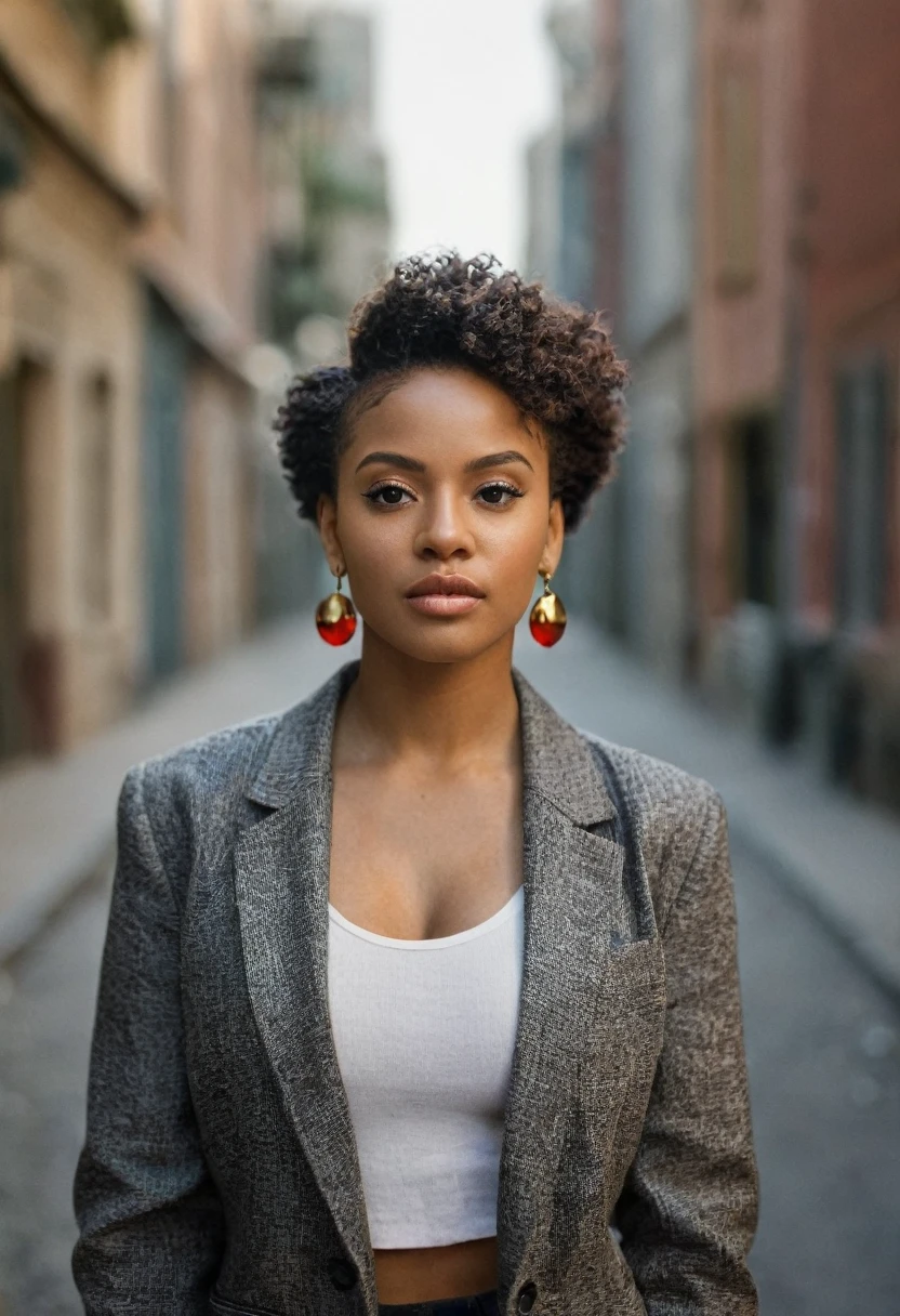 1girl, epiCRealism, Cinematic still, (((striking facial features))), Charming African-American Woman, (((black woman))), (((Neutral face))), (((Undercut hair))), (((very dark skin))), (((busty black womans))), (((boxum girl))), (((big tits pressed together))), (((Afro hair ))), makeup, (((wearing Blazer))), (((wearing Pencil skirt))), (((Tao Splash earrings gold))), (((focus on face))), good white balance, (two cinematic sources of light in opposite directions), (two volumetric sources of light in opposite directions), (natural shading), (((dans un espace vide avec une sphère rouge en arrière-plan))), (((photo en noir et blanc avec seulement la sphère rouge en couleur))), shot on Hasselblad X2D 100C, 80mm lens, depth of field, bokeh, film grain, vivid color, female poses, expressive female portrait, (((Full body shot)))
