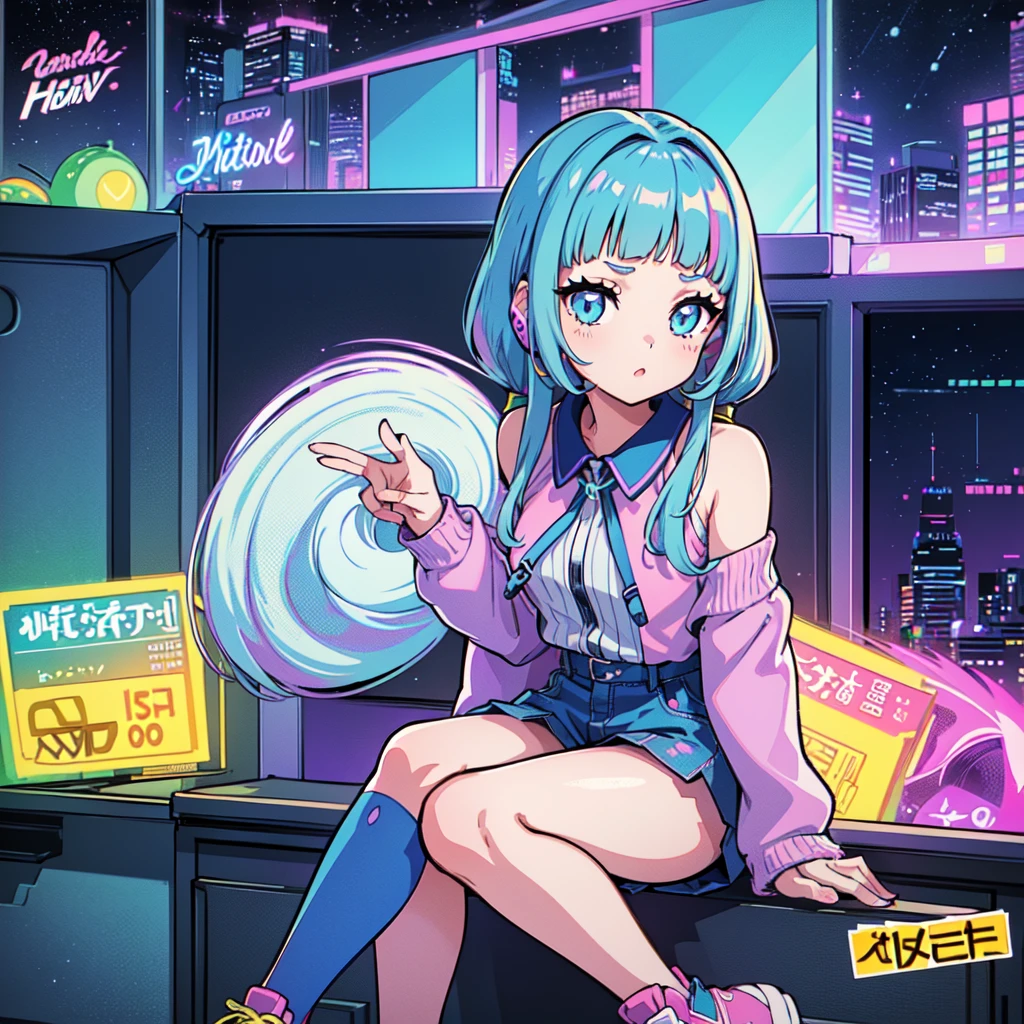 (masterpiece), Highest quality, Expressive eyes, Neon pastel aesthetics, Retro 90s, Neon color,((Girl sitting on sofa,In a cozy room,Records hanging on her wall, Comic books on the floor, Looking out the window behind her at the night city, Upholstered room, Anime figures lined up on a shelf)), Wearing headphones, (All around her it sparkles), (wearing thick colorful sneakers), (blue eyes), (Soft look), (Synthwave Art Style), Colorful Hair, Desk with PC set up