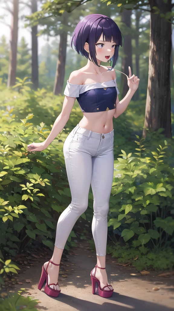 Kyoka Jiro, 1 Mädchen, Allein, Brüste, erröten, Kurzes Haar, bangs, einfacher waldhintergrund, trägerloses Mini-Croptop, schwarze enge Hose, ((offene Plateau-High Heels)), offener Mund, lila Augen, Schlüsselbein, Ganzkörper, lila Haare, kurze Ärmel, Stumpfer Pony, wegschauend, lange Ohrläppchen, winzige Taille, Zunge herausstrecken, Zuschauer mit Mittelfinger