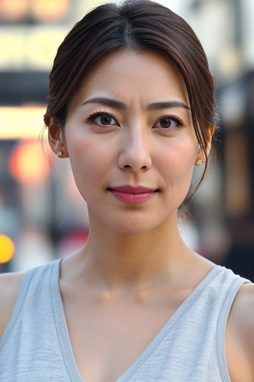 Beautiful Japanese actresses,1 Girl,flying debris,,Award-winning photo, Very detailed, Focus your eyes, Nose and mouth,Face Focus, Extreme close up of face、 Age 35,Brown Hair、Symmetrical face,Realistic nostrils、Angle from below、Elongated C-shaped nostrils,(Sharp Nose)Sweaty skin、Shiny skin,(Brow wrinkles))（Cum on tongue)、((Thin eyebrows))Oily skin、Glowing Skin、double eyelid、、Beautiful woman、Medium Hair、Shortcuts、Tank top,I can see the sky、Shibuya Center Street、(((Show your side,throw))),Please raise your eyebrows, (((Hold your mouth, Frowning, crazy, Frowning))), Textured skin,Long upper arms,((Cry with your eyes open, blush, Drunk, The face of patience))Squat,Large Breasts,((Always keep your arms up and your armpits exposed))Long arms,Frowningをする,Smell, Irritation, sad, sleepy, Frowning, The face of endurance