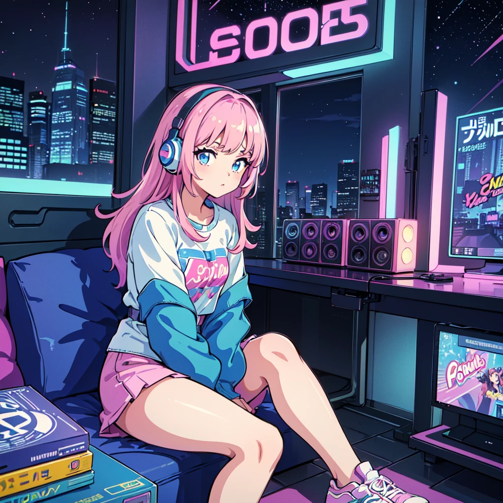 (masterpiece), Highest quality, Expressive eyes, Neon pastel aesthetics, Retro 90s, Neon color,((Girl sitting on sofa,In a cozy room,Records hanging on her wall, Comic books on the floor, Looking out the window behind her at the night city, Upholstered room, Anime figures lined up on a shelf)), Wearing headphones, (All around her it sparkles), (wearing thick colorful sneakers), (blue eyes), (Soft look), (Synthwave Art Style), Colorful Hair, Desk with PC set up