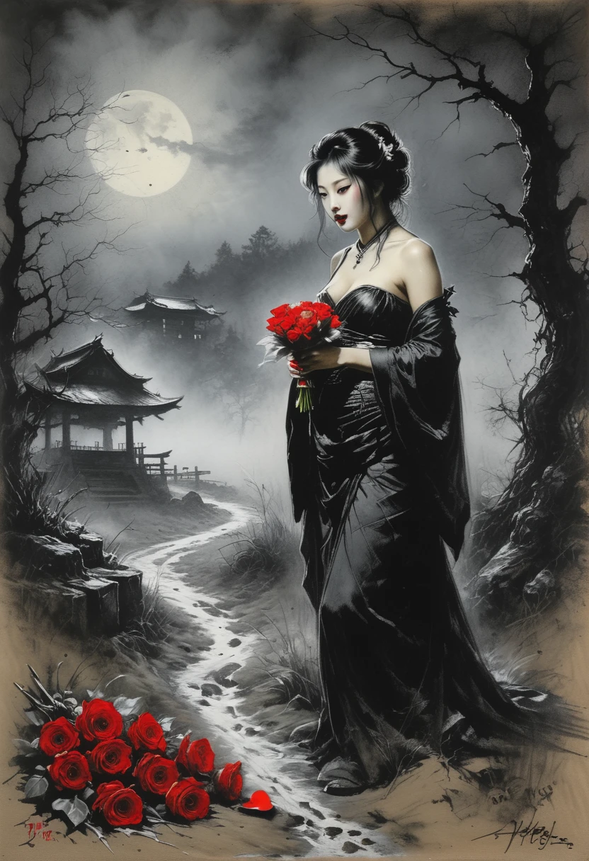 red contour lighting of the subject, impressive painting of an impressive rustic Japanese pastoral vampire holding Valentine's hearts and flowers in a tin, torn burlap, epic scene, graffiti airbrush technique, high definition, accent lighting contrasting with bright paint colors, appearance of scary white women at night among the fog, She invites the viewer to immerse herself in the contemplation of beauty and think about the eternal truths of existence, in the style of Bernie Wrightson, Anders Zorn, Alexi Brilo, Luis Royo, extremely detailed, dark, charcoal drawing, black pencil drawing,