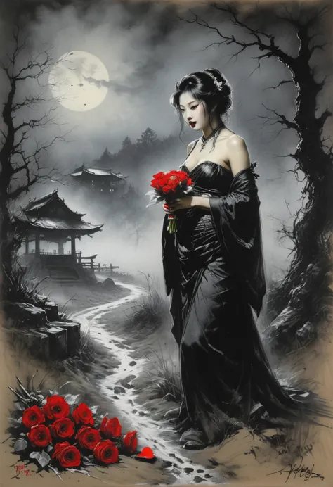 red contour lighting of the subject, impressive painting of an impressive rustic Japanese pastoral vampire holding Valentine's h...