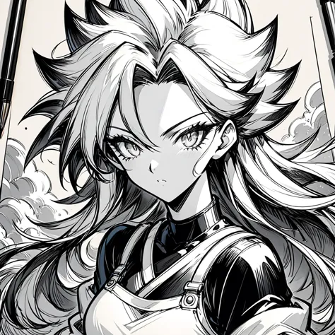 a drawing of a woman with long hair and a black top, black and white manga style, extremely detailed artgerm, Android 21 , style...