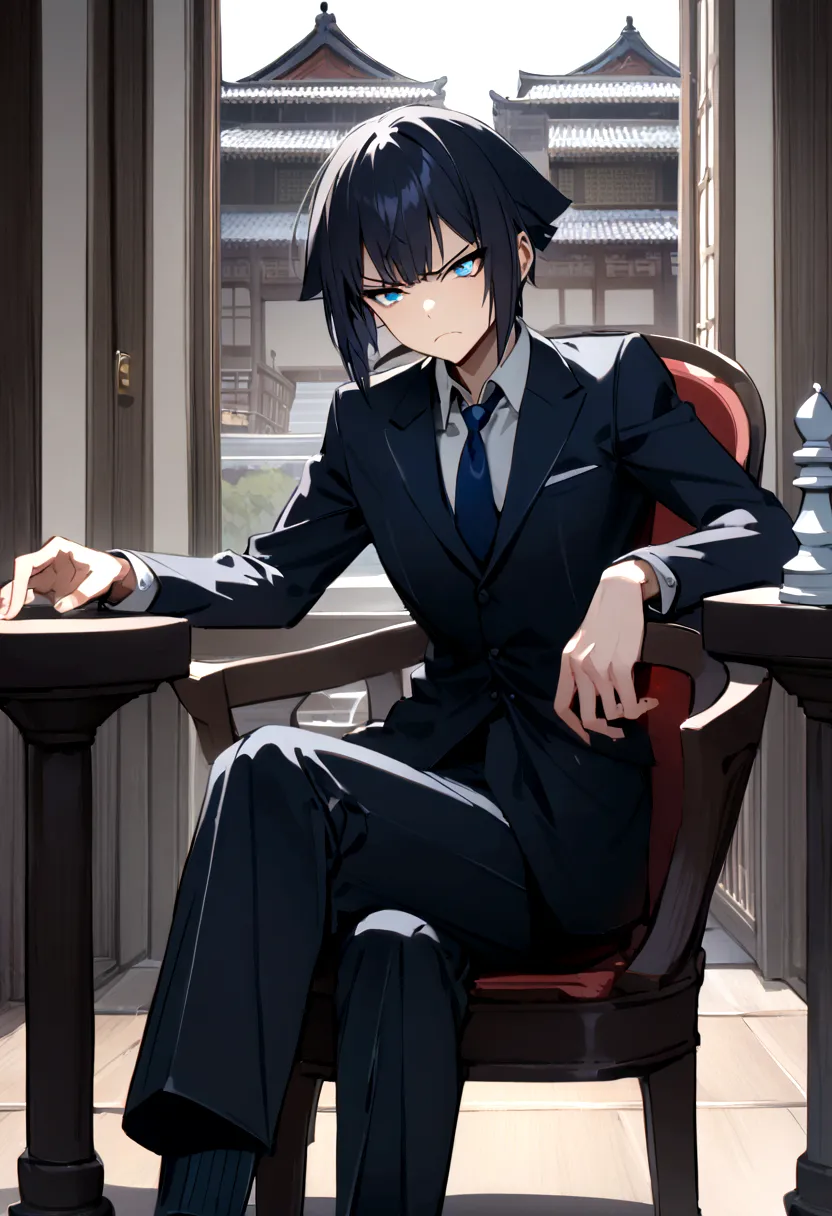 (best quality,height),mansion background,1 person,black hair,medium length wolf cut,asia,blue eyes,wearing a black tailored suit...