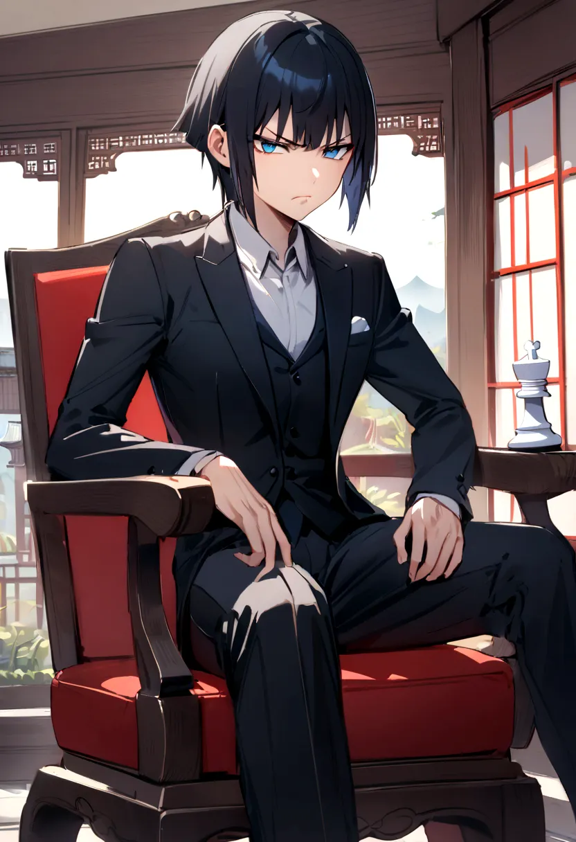 (best quality,height),mansion background,1 person,black hair,medium length wolf cut,asia,blue eyes,wearing a black tailored suit...