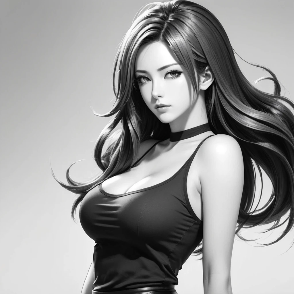 a drawing of a woman with long hair and a black top, black and white manga style, extremely detailed artgerm, Android 21 , style artgerm, detailed anime character art, detailed manga style, saiyan girl, clean detailed anime style, anime style illustration, in the style artgerm, striking manga artstyle