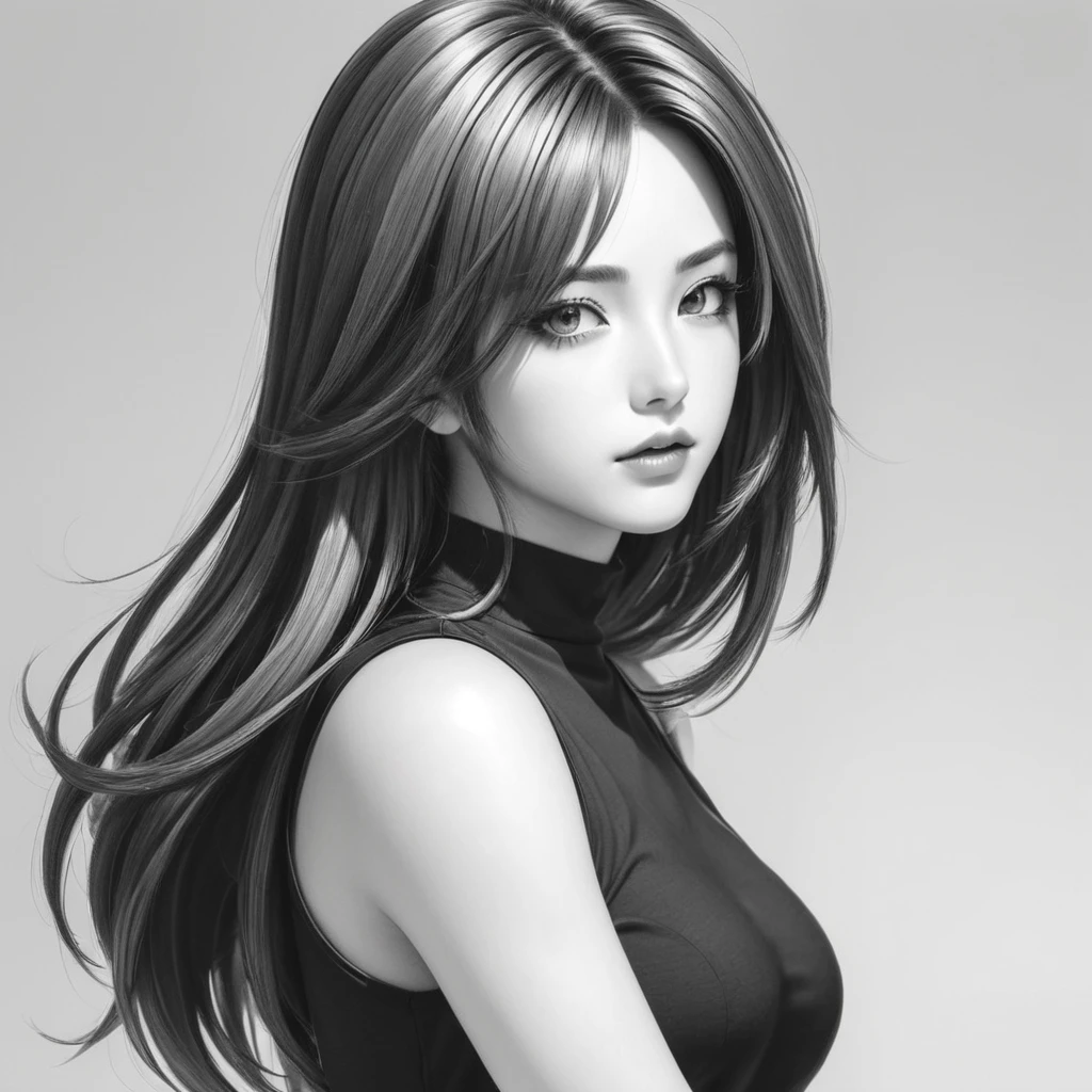 Un dibujo de una mujer con cabello largo y una blusa negra, estilo manga en blanco y negro, arte extremadamente detallado de Artgerm, androide 21 , estilo artgerm, arte de personajes de anime detallado, estilo manga detallado, chica saiyajin, estilo anime limpio y detallado, Ilustración de estilo anime, in the estilo artgerm, sorprendente estilo artístico manga