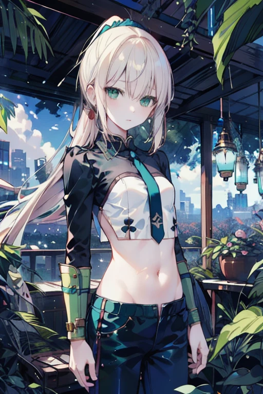 Uhd, absurdres, best_quality, masterpiece, best quality, 1boy, solo, adult, man, yan qing fate, formal, necktie, (long black hair), (ponytail), shirtless, straight hair, looking at viewer, ((blue pants)), close-up, bangs, arm guards, (jade green eyes), rose garden, city in background, 