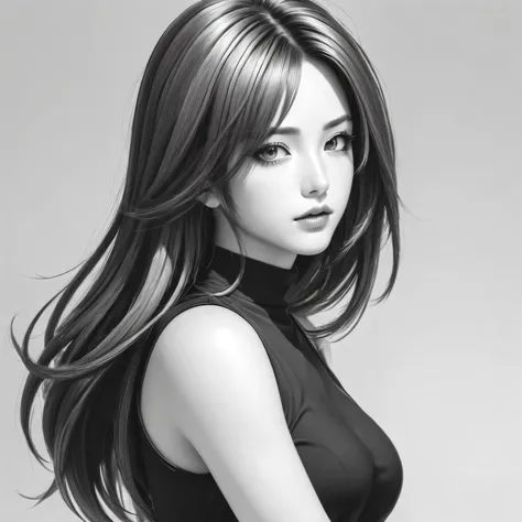 a drawing of a woman with long hair and a black top, black and white manga style, extremely detailed artgerm, Android 21 , style...