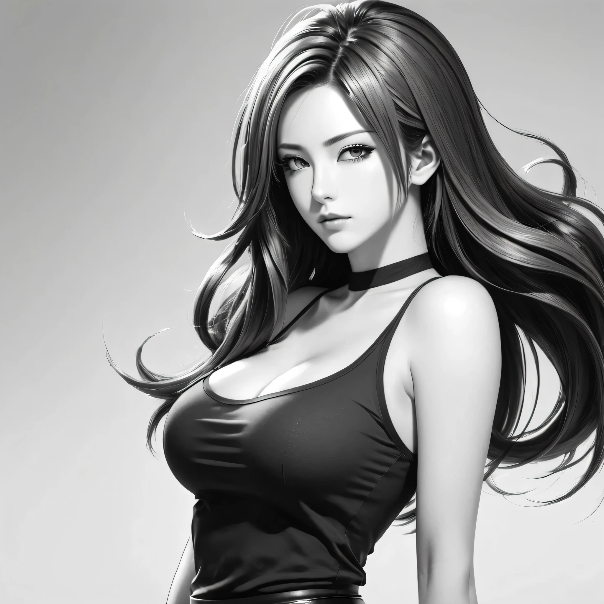 um desenho de uma mulher com cabelo comprido e blusa preta, estilo mangá preto e branco, Artgerm extremamente detalhado, andróide 21 , estilo artgerm, arte de personagem de anime detalhada, estilo mangá detalhado, garota saiyajin, estilo de anime limpo e detalhado, ilustração de estilo anime, in the estilo artgerm, impressionante estilo de arte mangá