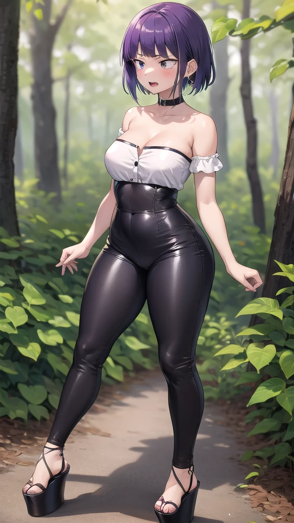 kyoka jiro, 1girl, solo, large breasts, cleavage, blush, short hair, bangs, simple forest background, strapless mini croptop, black tight pants, ((open-toe platform high heels)), open mouth, purple eyes, collarbone, full body, purple hair, short sleeves, blunt bangs, looking away, long earlobes, tiny waist, thick hips, angry expression