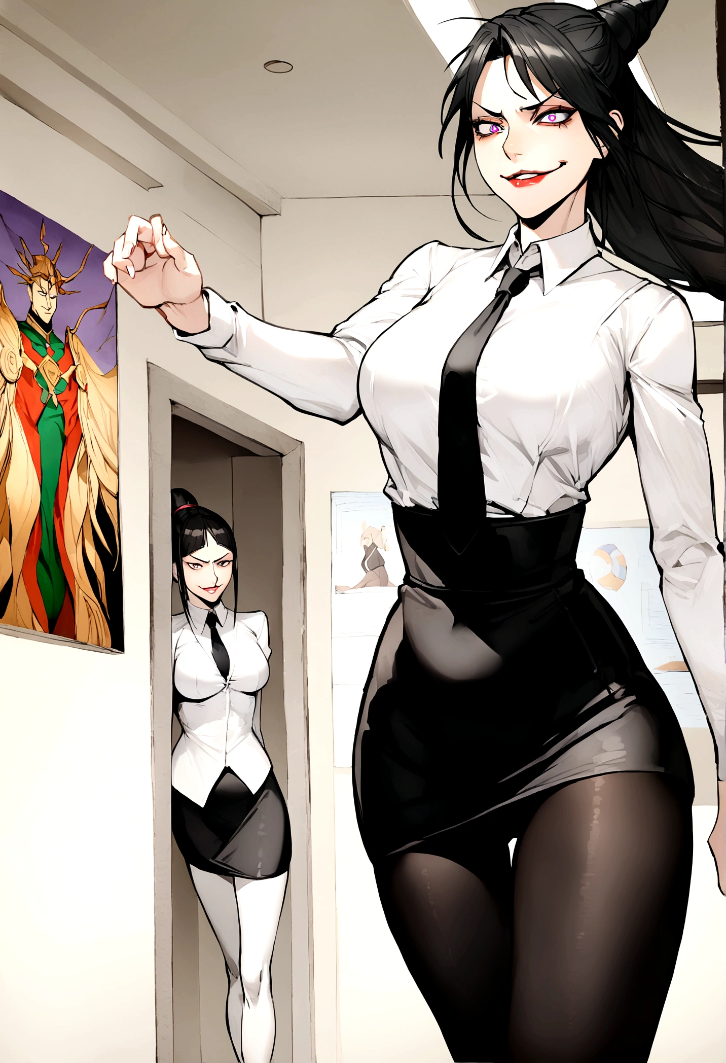 juri han, work of art, tight white secretary shirt with black tie, black high waist skirt, short skirt,stocking, black hair, black tights,evil smile,office,franja nos olhos,iluminação,chifre de cabelos,visão de cima,olhando para cima
