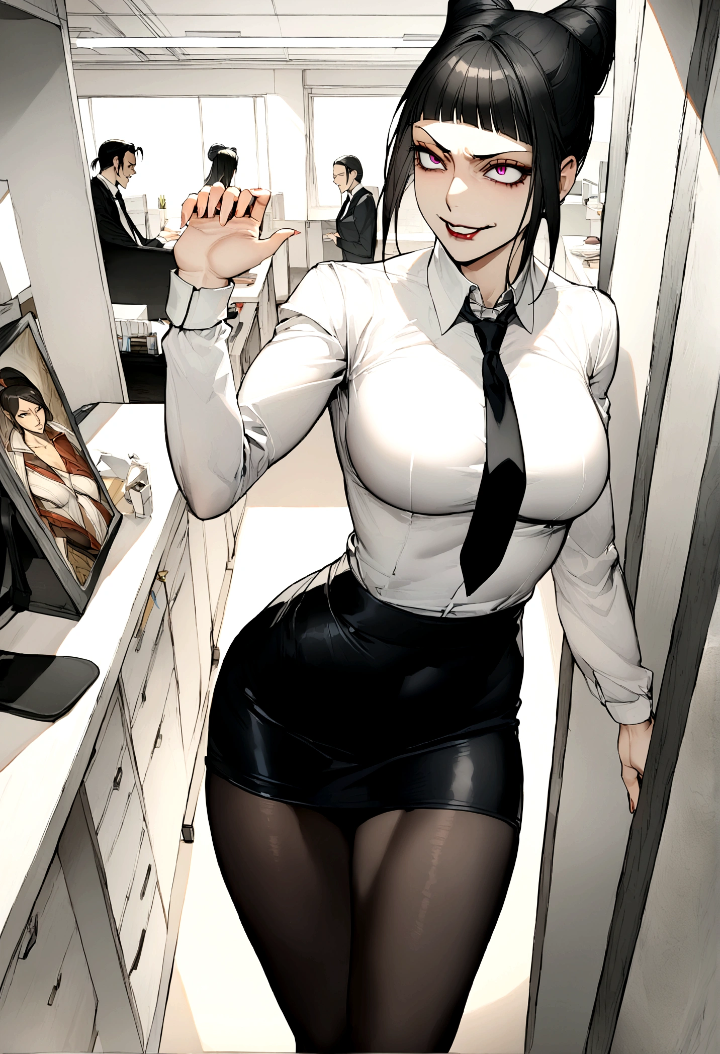 juri han, work of art, tight white secretary shirt with black tie, black high waist skirt, short skirt,stocking, black hair, black tights,evil smile,office,franja nos olhos,iluminação,chifre de cabelos,visão de cima,olhando para cima
