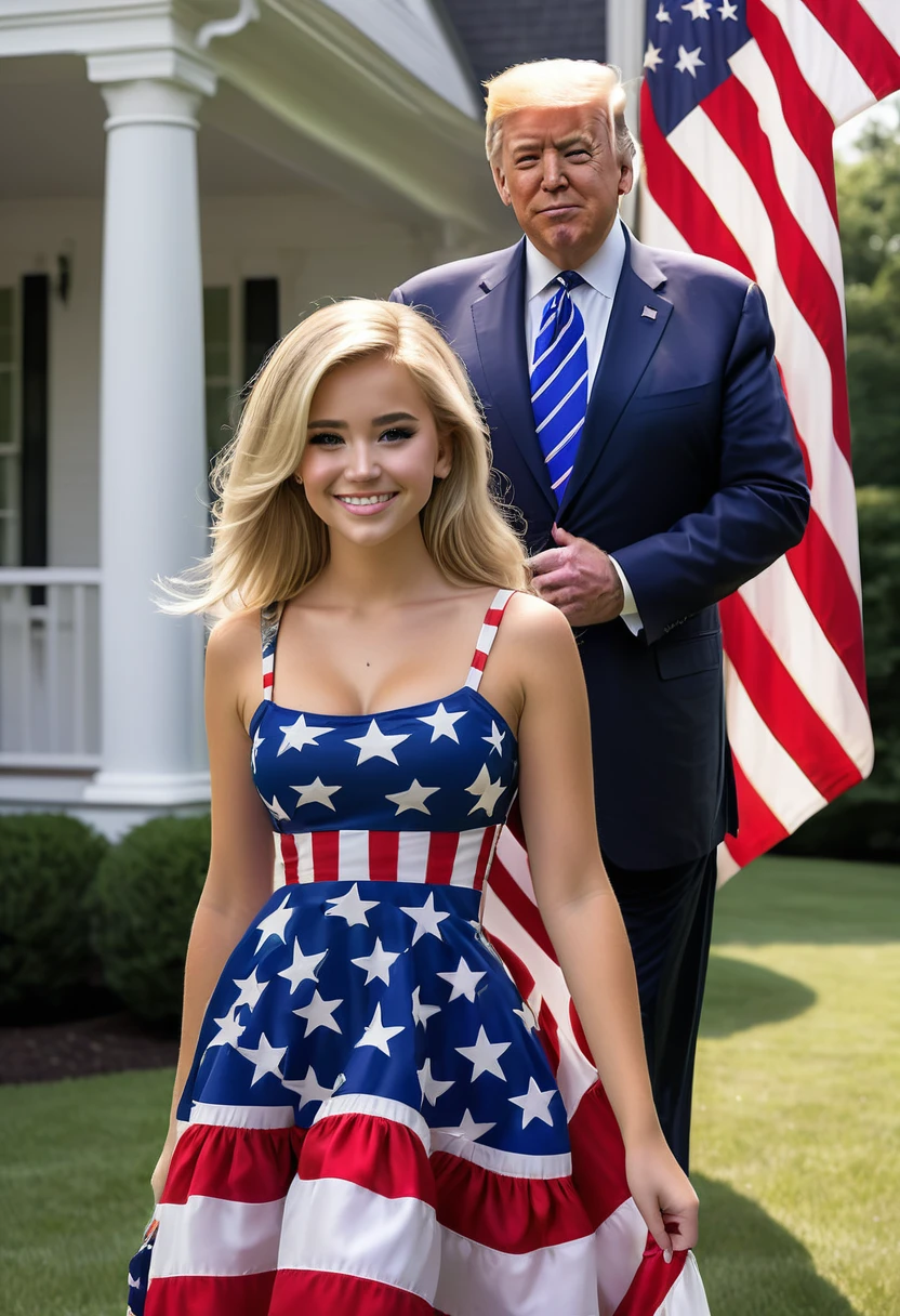 A teenage daughter of Donald Trump and Joe Biden. Looks like the spitting image of both her dads. wearing an american flag dress. 50/50 mash up of Donald Trump and Joe Biden.