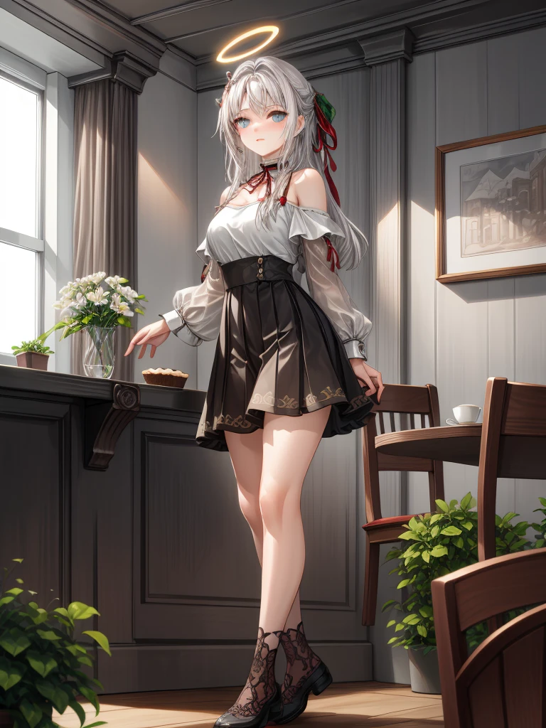 

(1girl), (masterpiece), (best quality),((facing the viewer)), ((good anatomy))

A stunning woman with snow-white hair and bright blue eyes sits by the window at a cozy corner café. She wears a soft-toned t-shirt that complements her pale complexion, adorned with delicate floral embroidery in pastel shades, contrasting harmoniously with her black pleated skirt that falls gracefully just above her knees. Her black stockings feature intricate detailing, extending from ankles to thighs, adding sophistication and style to her ensemble.

With each bite of her fruit tart, her movements are graceful and elegant, reflecting a natural serenity. Soft light filters through the window, highlighting silver strands in her white hair and creating a subtle halo around her. Some strands fall gently over her shoulders, while others are elegantly swept up into a chic updo that reveals her slender neck.

The café ambiance is filled with soft murmurs and the comforting aroma of freshly brewed coffee. On her table, next to her plate, rests a small white flower in a tiny glass vase, a delicate detail that adds a touch of freshness and simplicity to her surroundings.

The woman, with her calm gaze and relaxed posture, appears to be immersed in a moment of personal peace and enjoyment, in harmony with the cozy atmosphere of the corner café.