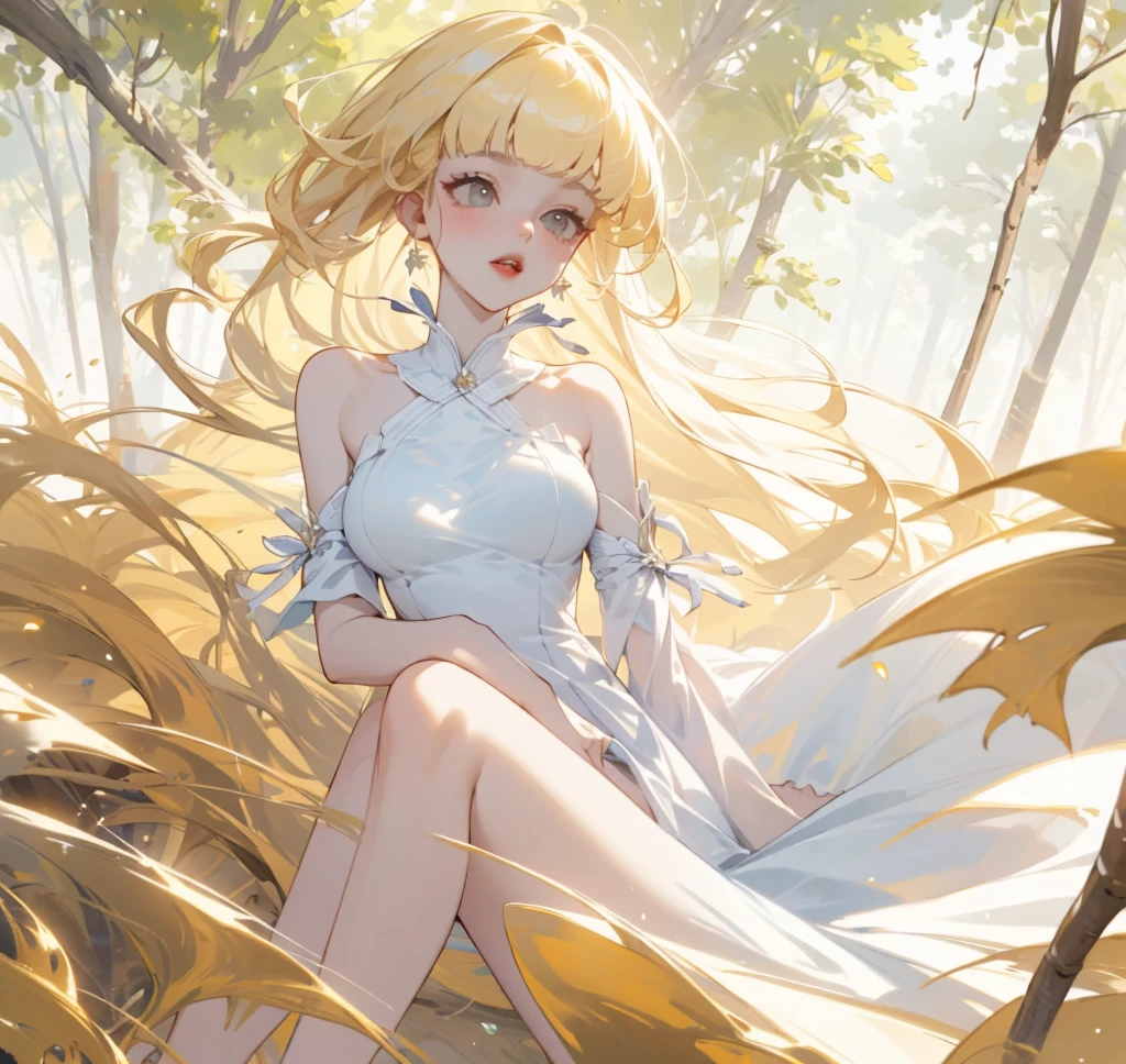(High quality) (best quality) (A woman) (correct physiognomy) woman, long blonde hair with bangs on her forehead, golden eyes, sensitive lips, middle aged, white dress with straps on the shoulders, skirt cut diagonally leaving one leg exposed, location of the photo the woman must being in the middle of the forest, photo lighting sunlight, full body proportion, showing in the photo the body from head to torso