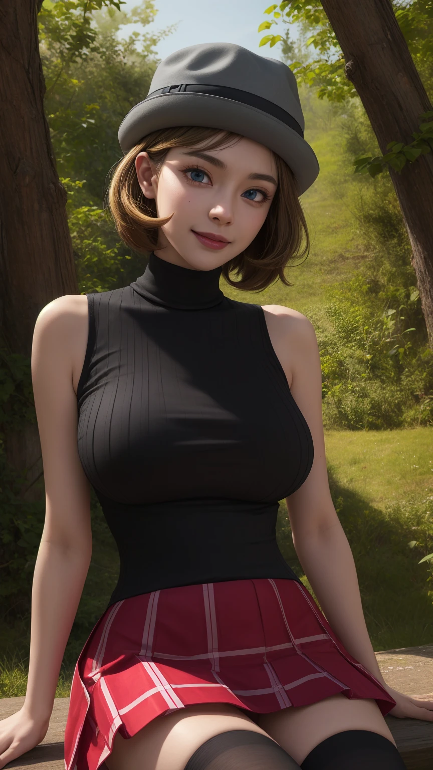 Nsfw, pkmnserena, full body, Burst, 1girl, solo, mature girl, blue eyes, blonde hair, short hair, bangs, hat, grey headwear,
black shirt, turtleneck, sleeveless, red skirt, pleated skirt, black thighhighs, big breast, 
smile,closed mouth,cowboy shot,sitting,
forest,outdoor,
(insanely detailed, beautiful detailed face, masterpiece, best quality) cinematic lighting,